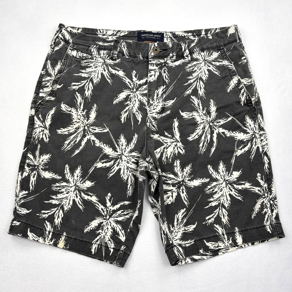 American Eagle Mens 32 Extreme Flex Palm Tree Chino Shorts Black Botanical Flat